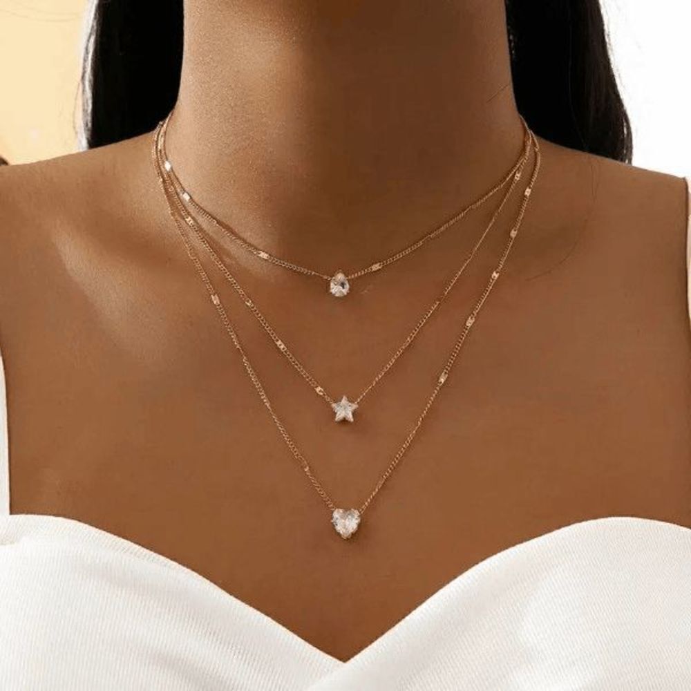 GOLD DIAMOND MULTILAYERED STAR HEART WATRDROP NECKLACE